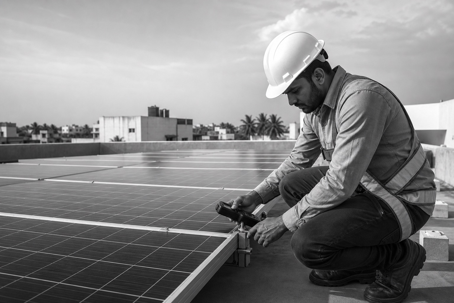 Solar technician inspecting a rooftop installation